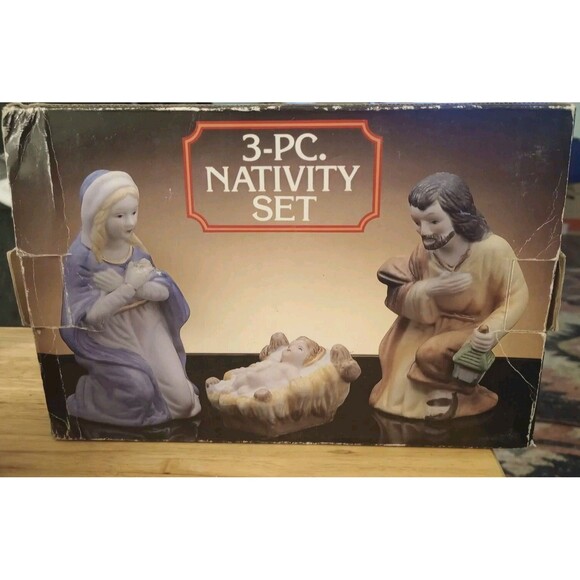 Nativity Scene Holy Family 3 Pc Porcelain Set Jesus Mary Joseph Christmas Decor - Picture 2 of 3